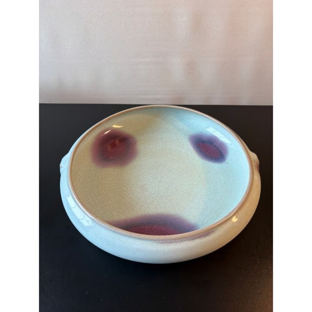 Jun Ware Style Narcissus Bowl Sky Blue Purple Splashes Three Lug Handles